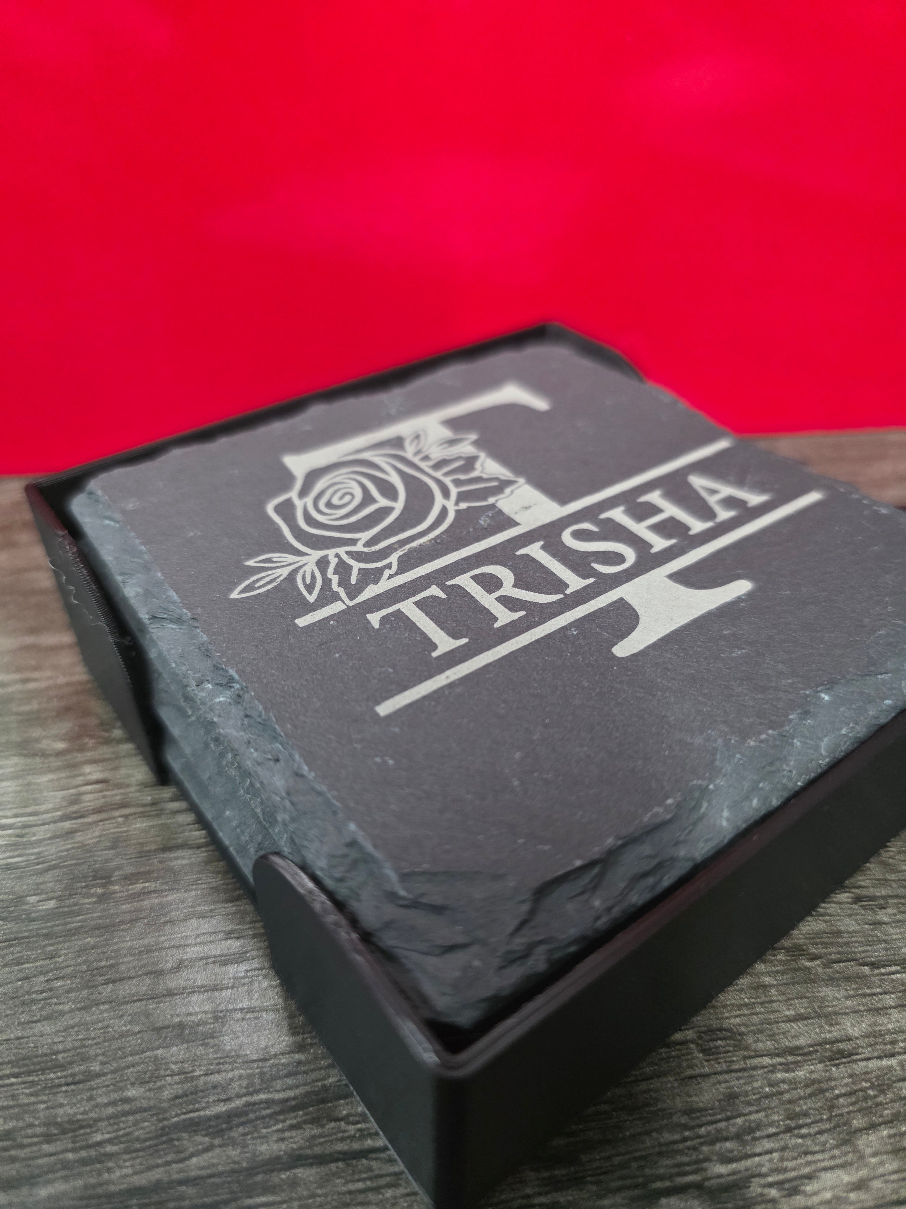 Custom Engraved Slate Coaster Set (4-Pack) + Holder