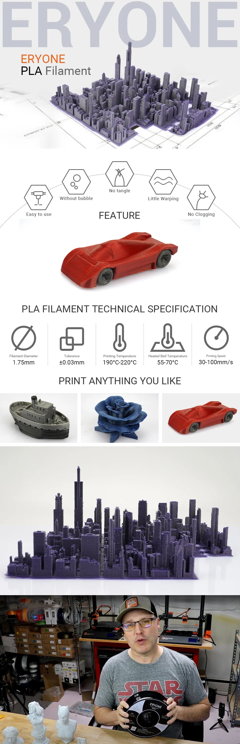 ERYONE PLA Standard Filament 1kg 1.75mm