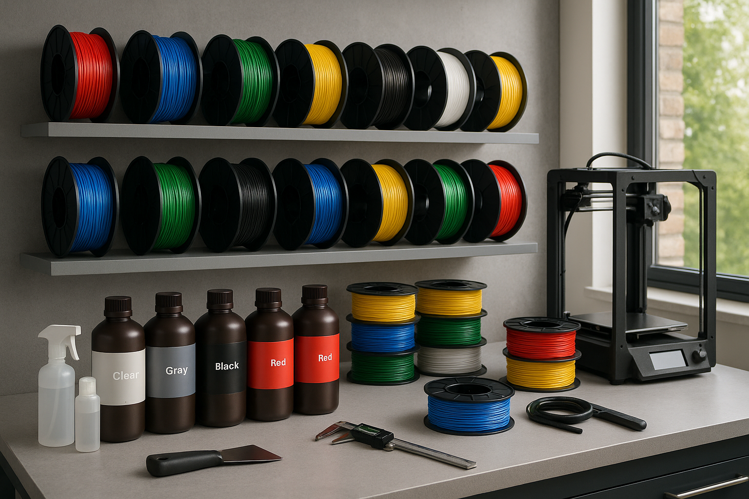 create an image of 3d printing filament and resin in a workspace environment.