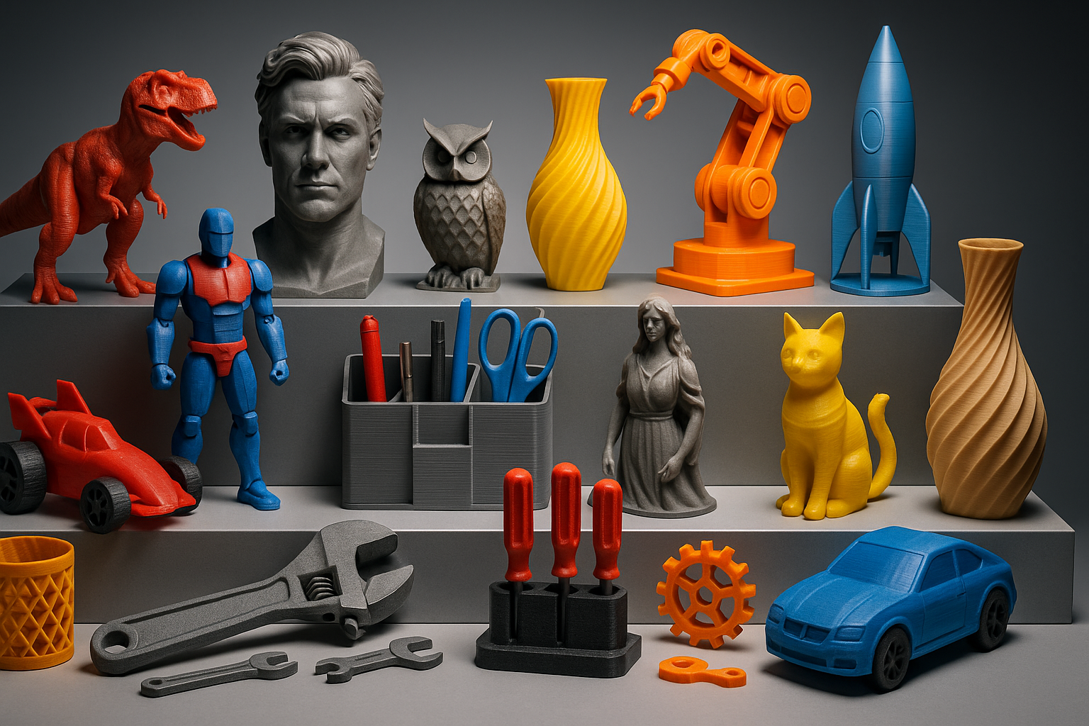 create an imagie of fun 3d printed parts like toys, figurings, house hold items, tools and more in a cool showcase setting. make it look ultra real