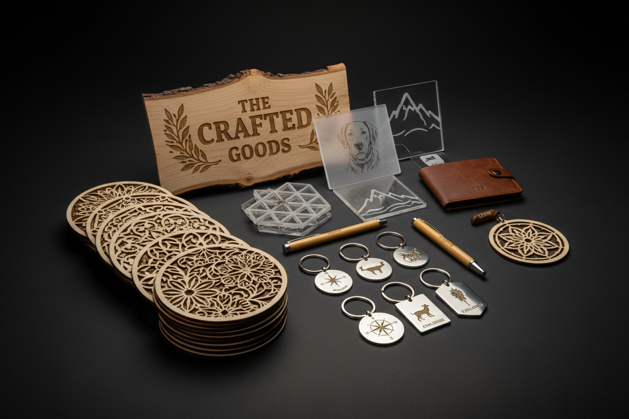 make an image of laser engraved / cut items with a darker background so the white letters im adding can stand out